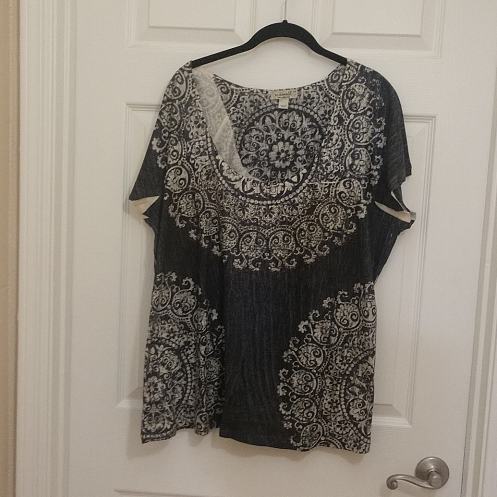 Blue and tan embellished top